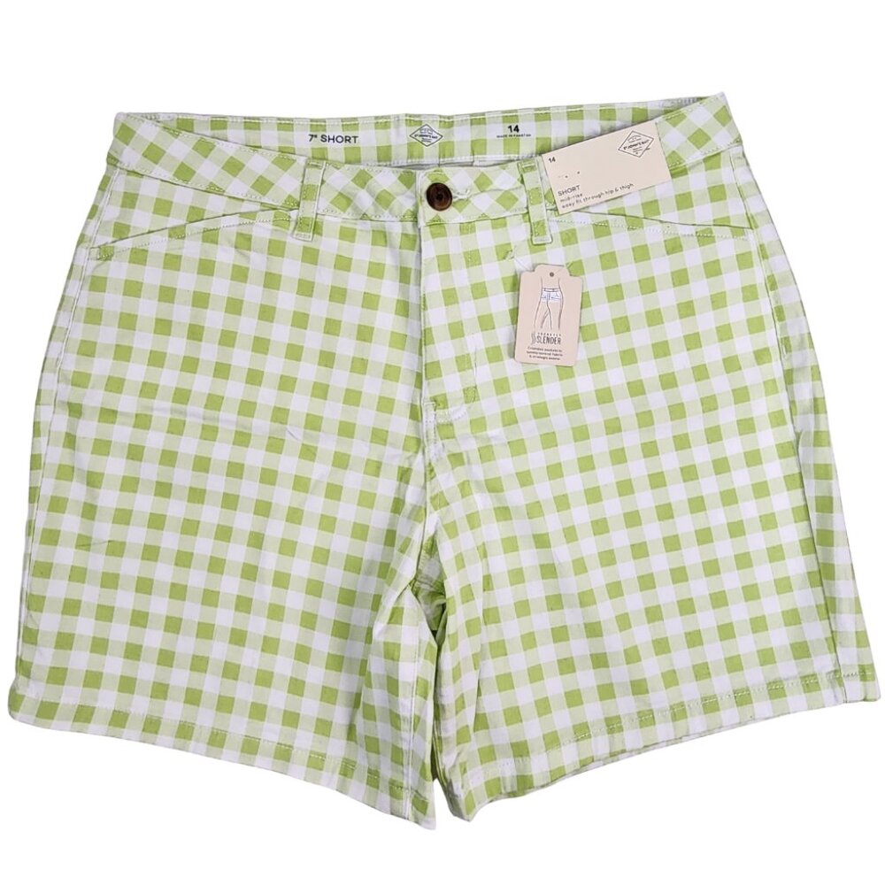 St Johns Bay Womens 14 34x7" Gingham Lime Secretly Slender Mid Rise Chino Shorts